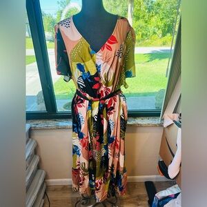 Bloomchic Floral Multicolor V-Neck Dress with Waist Tie Size 22-24 New